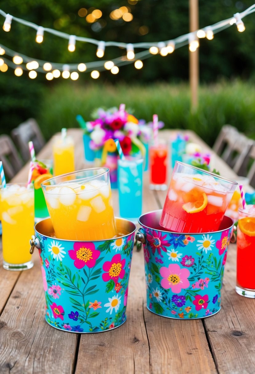 Vibrant floral ice buckets sit on a rustic wooden table, surrounded by colorful drinks and twinkling string lights, creating a festive summer wedding atmosphere