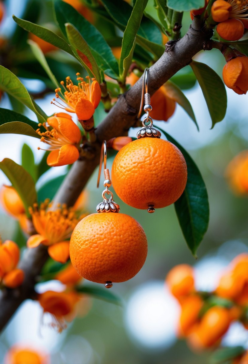 A pair of tangerine-inspired earrings hanging from a tree branch, surrounded by vibrant orange blossoms and leaves