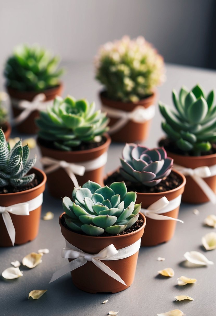 Mini succulents arranged in small pots, tied with ribbon and placed on a table with scattered petals