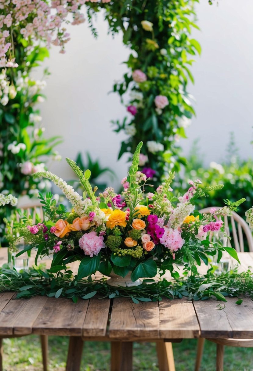 A vibrant garden-inspired floral arrangement adorns a rustic wooden table, surrounded by lush greenery and delicate blooms