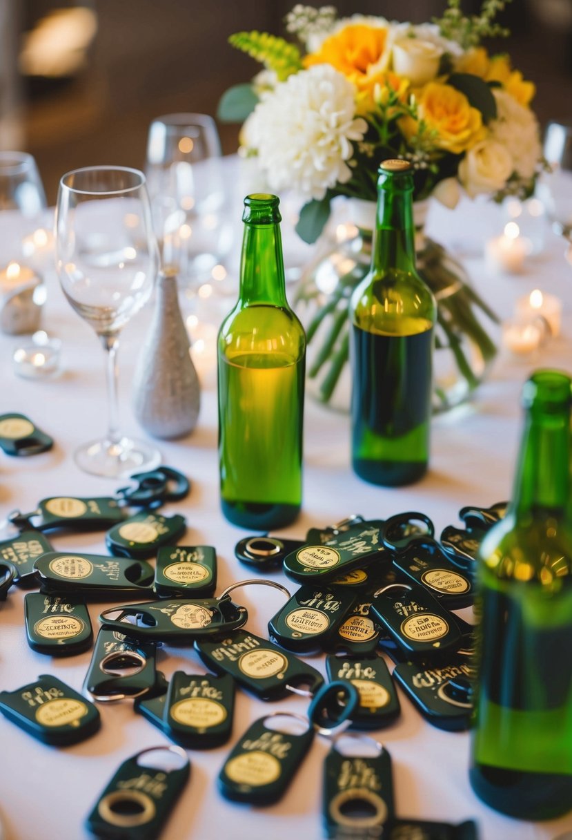 A table scattered with personalized bottle openers, surrounded by wedding decor and favors