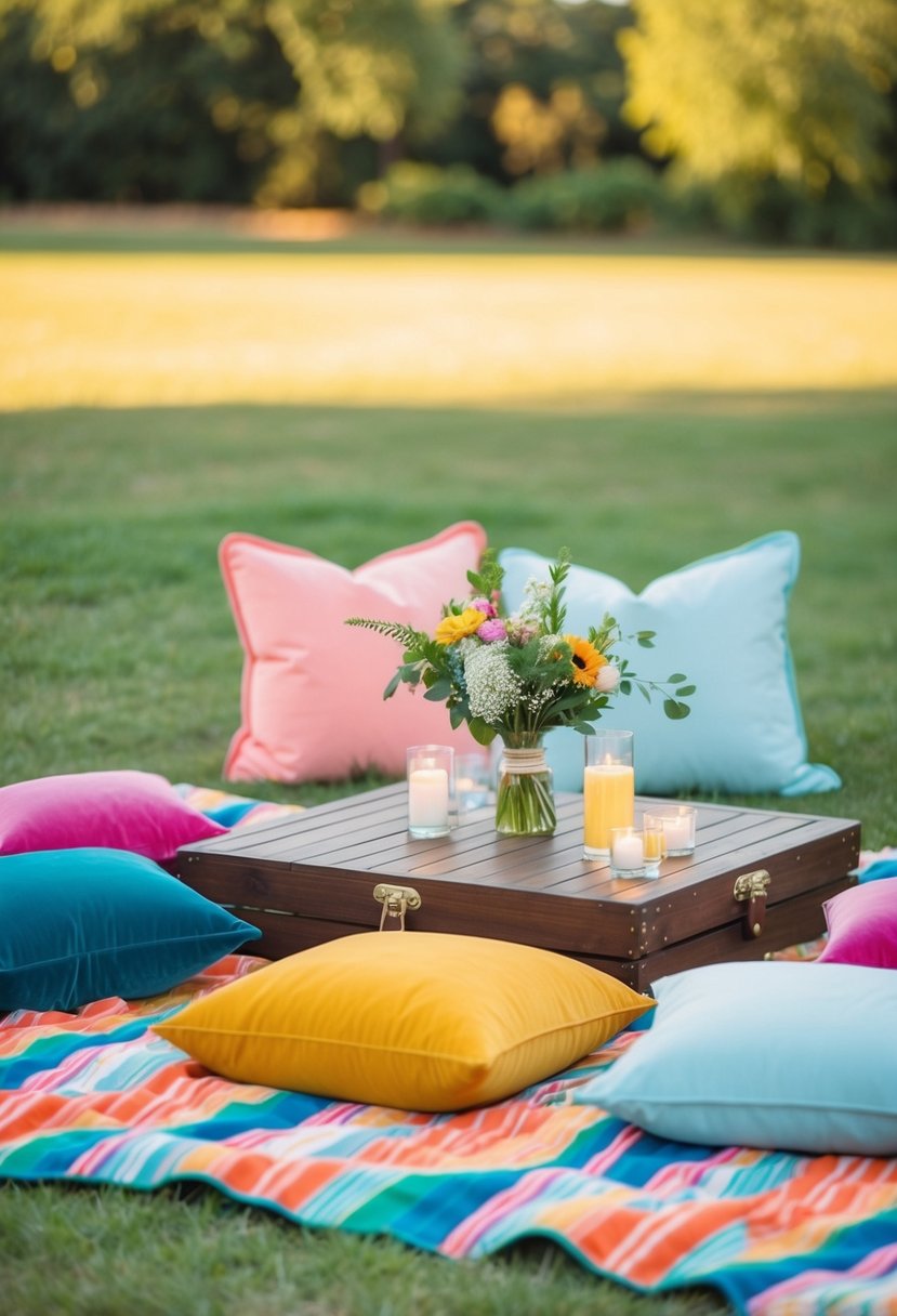 A colorful picnic blanket with cushions and low tables set up for a summer wedding decor