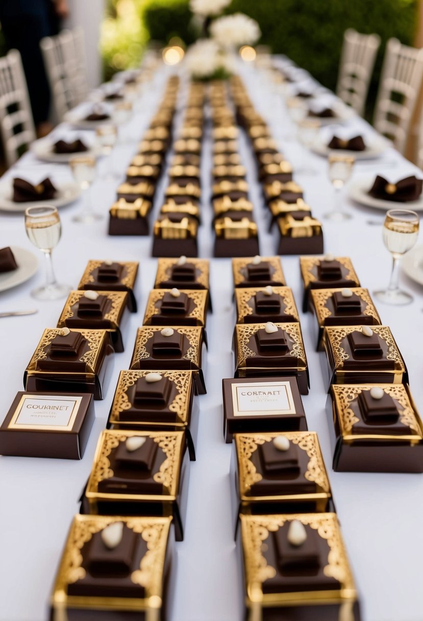 A table adorned with elegant gourmet chocolate bars arranged in decorative packaging, set as wedding favors