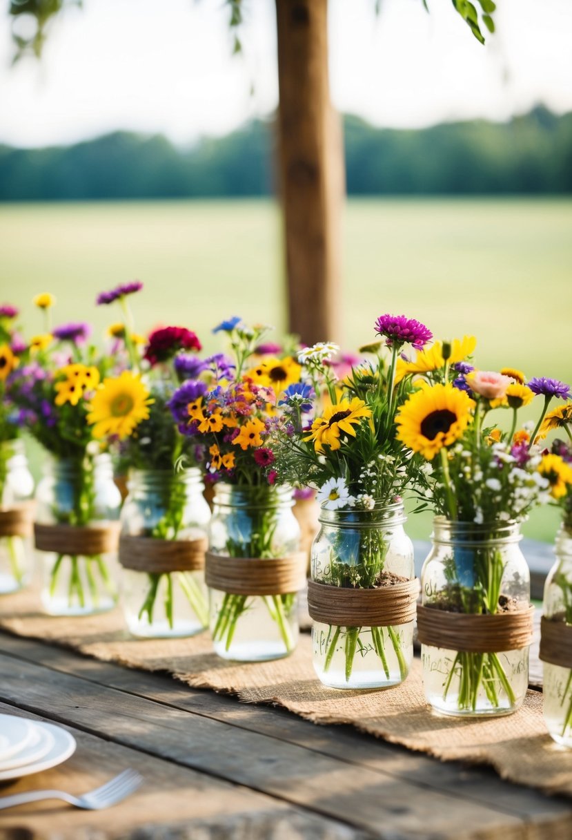 Mason jars filled with colorful wildflowers arranged on a rustic wooden table for a summer wedding decor