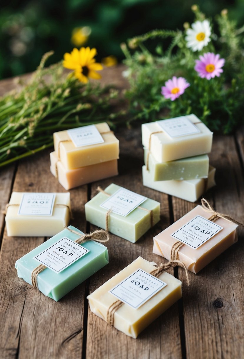 A rustic wooden table displays various handmade soap bars in pastel colors, wrapped in delicate paper and tied with twine. Wildflowers and greenery adorn the backdrop