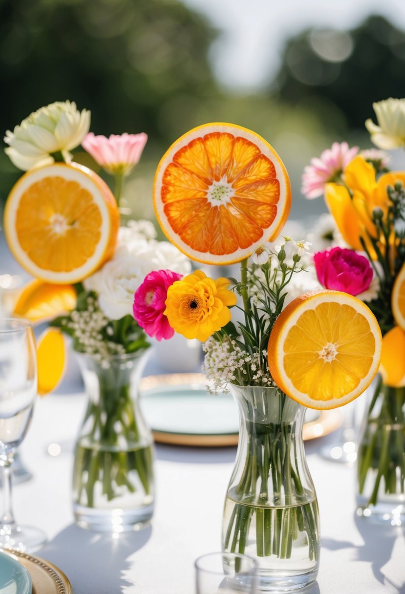 Vibrant citrus slices arranged in glass vases with flowers for summer wedding centerpieces