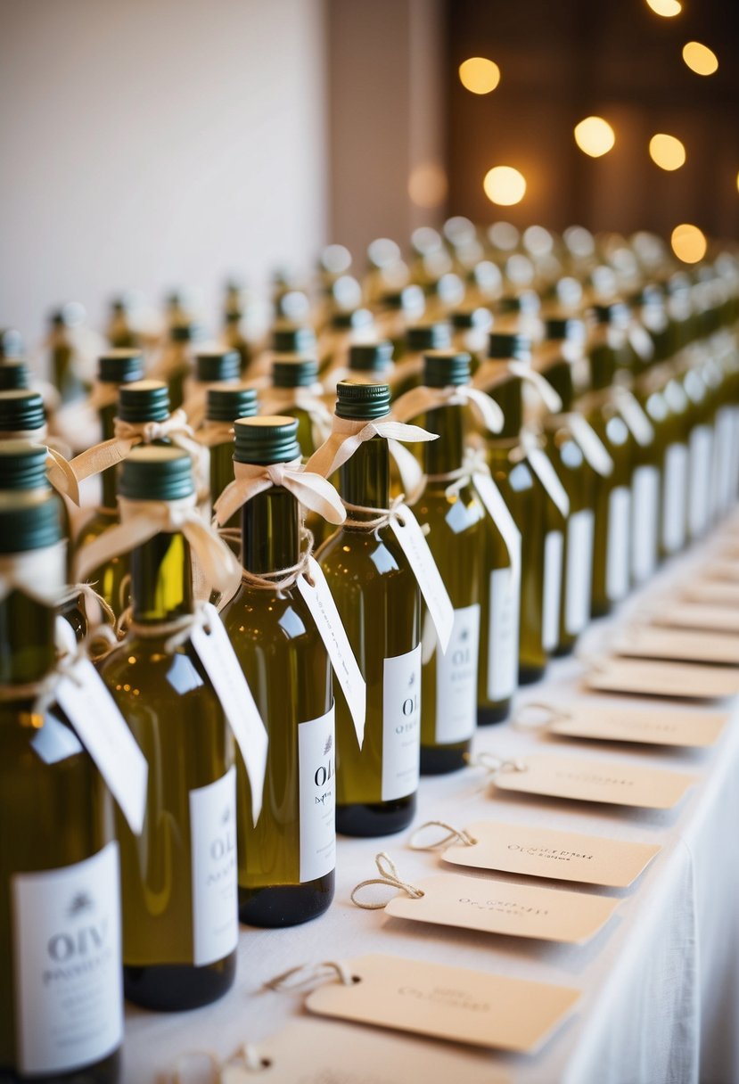 A table with rows of small olive oil bottles, adorned with ribbons and tags, arranged as wedding favors