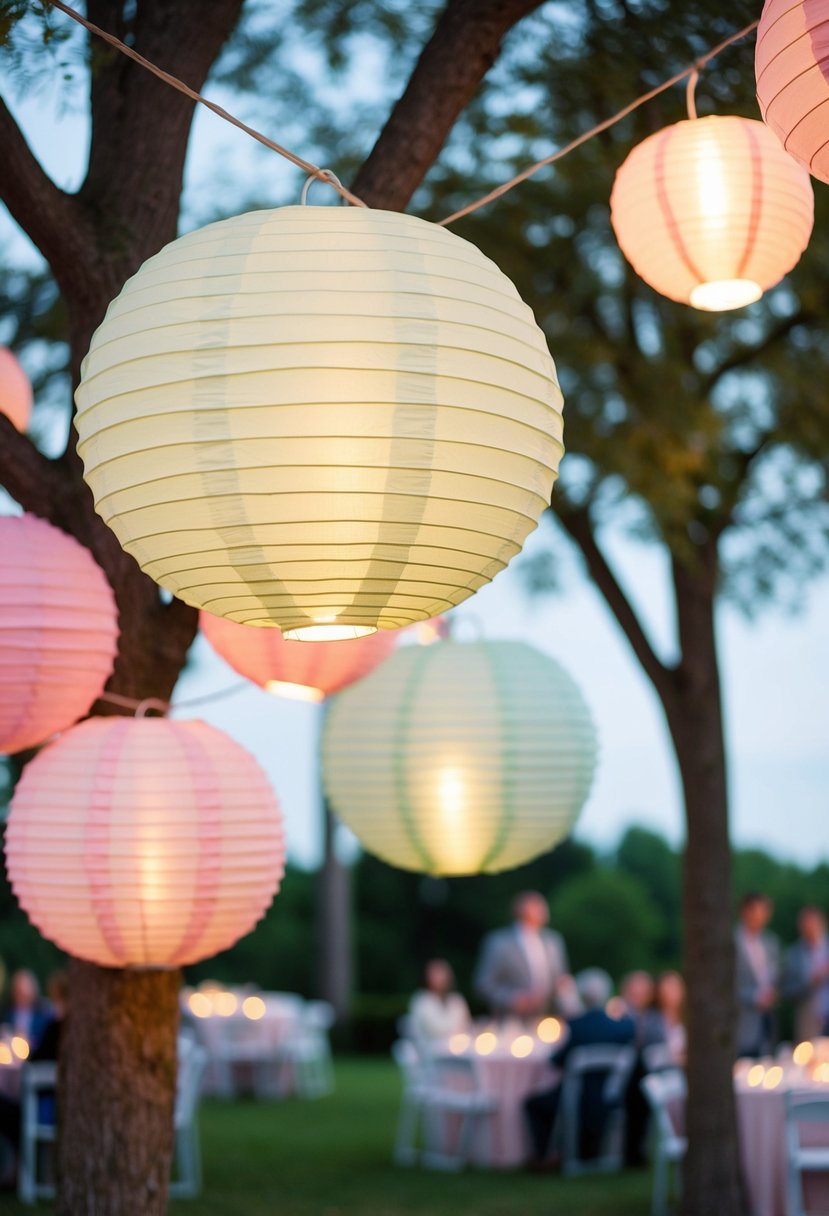 Pastel paper lanterns hanging from trees, casting a soft glow over outdoor wedding reception