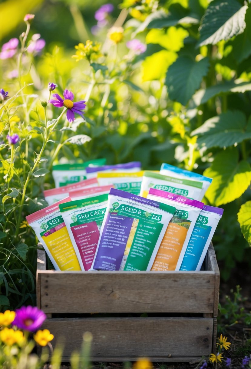 Colorful seed packets arranged in a rustic wooden crate, surrounded by wildflowers and greenery. Sunlight filters through the leaves, casting soft shadows on the scene