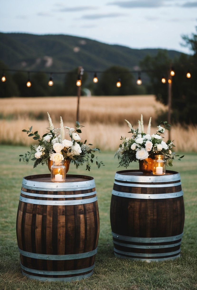 A rustic outdoor wedding scene with wine barrel cocktail tables adorned with floral arrangements and glowing candle lanterns