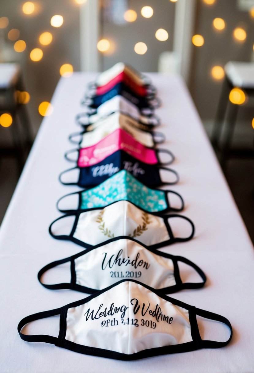 A table with assorted personalized face masks in wedding-themed designs