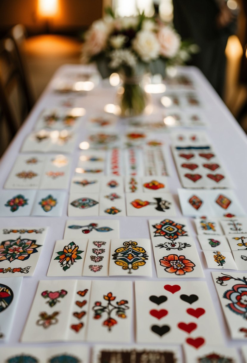 A table with various temporary tattoo designs laid out as wedding favors