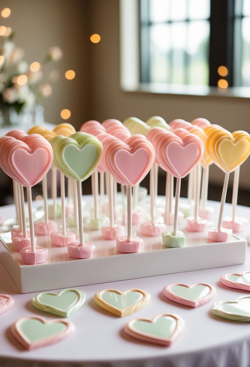 A table adorned with heart-shaped lollipops in pastel colors, arranged in a decorative display for wedding favors