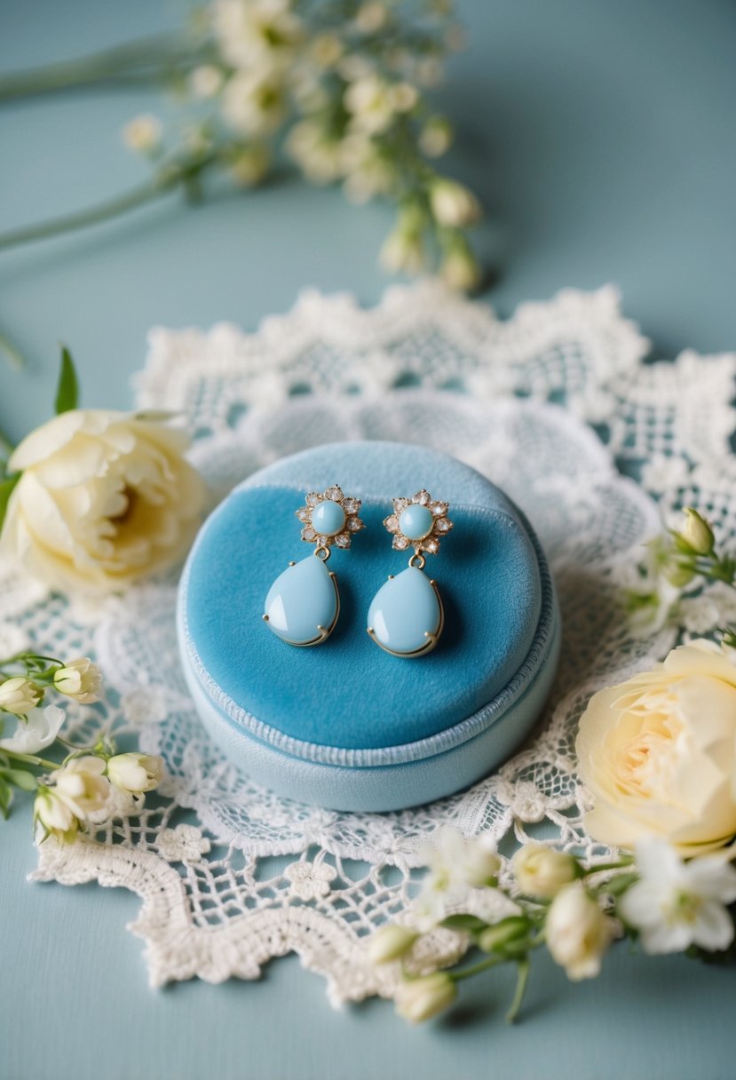 A pair of light blue wedding earrings displayed on a velvet cushion, surrounded by delicate lace and floral accents