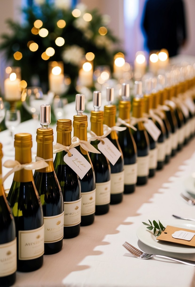 A table adorned with rows of miniature wine bottles, adorned with delicate ribbons and tags, set as wedding favors