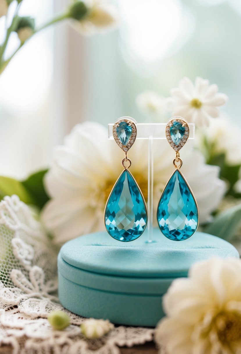 Two aquamarine teardrop earrings on a velvet display, surrounded by delicate lace and floral accents, with soft natural light illuminating the scene