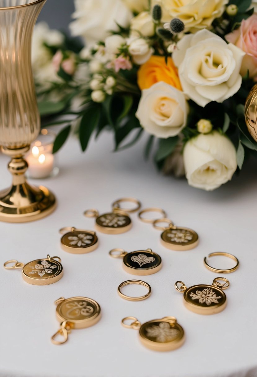 A table displaying various engraved keychains with wedding-related designs, surrounded by floral decorations and soft lighting