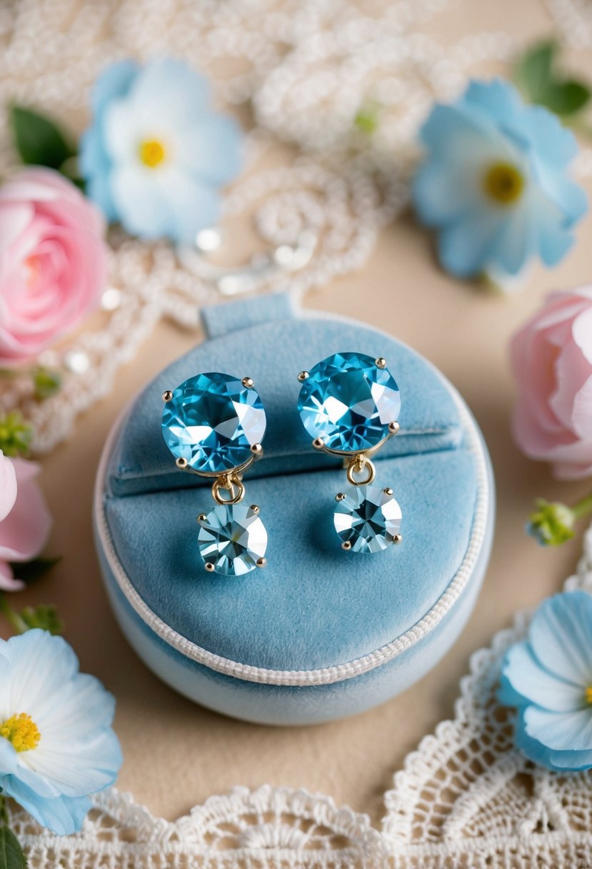 A pair of light blue Swarovski crystal clip-on earrings displayed on a velvet cushion, surrounded by delicate lace and floral decorations