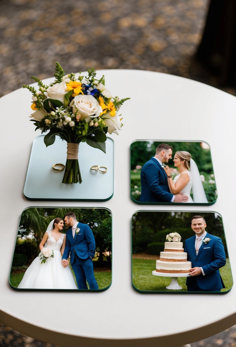 A table with four photo coasters, each displaying a different wedding-themed image - a bouquet, rings, a cake, and a bride and groom