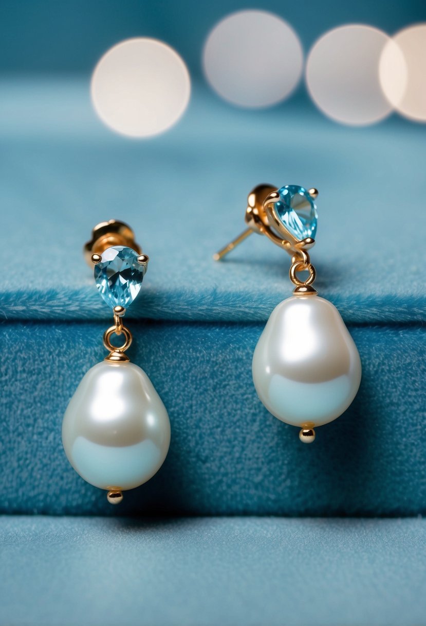 Light blue pearl drop earrings on a dusty blue velvet background with soft, natural lighting