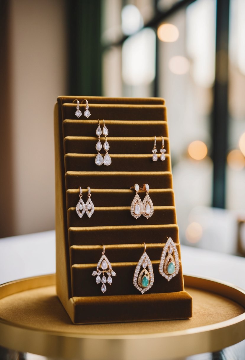 A stack of elegant wedding earrings arranged on a velvet display, catching the light