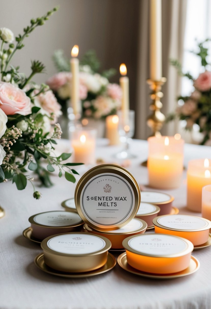 A table adorned with scented wax melts in elegant packaging, surrounded by delicate floral arrangements and soft candlelight