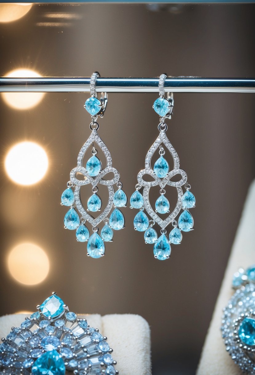 A pair of silver-plated chandelier earrings with light blue gemstones hang from a display, casting a shimmering glow in a bridal jewelry showcase