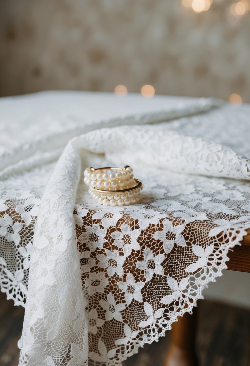 A white lace tablecloth draped over a wooden table adorned with a delicate stack of elegant pearl hoop earrings