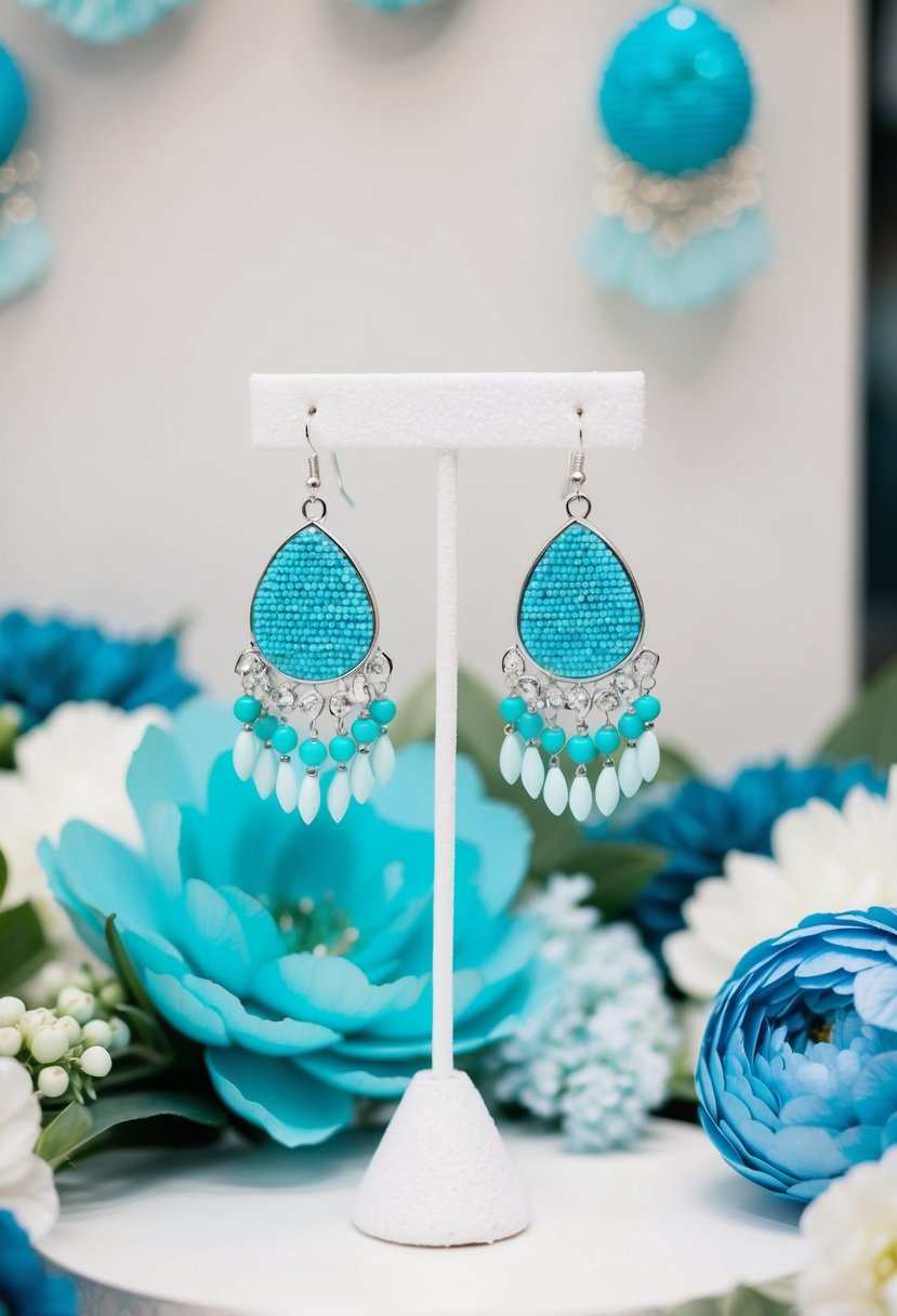 Aqua and silver dangle earrings hanging from a display stand, surrounded by soft blue and white floral decorations