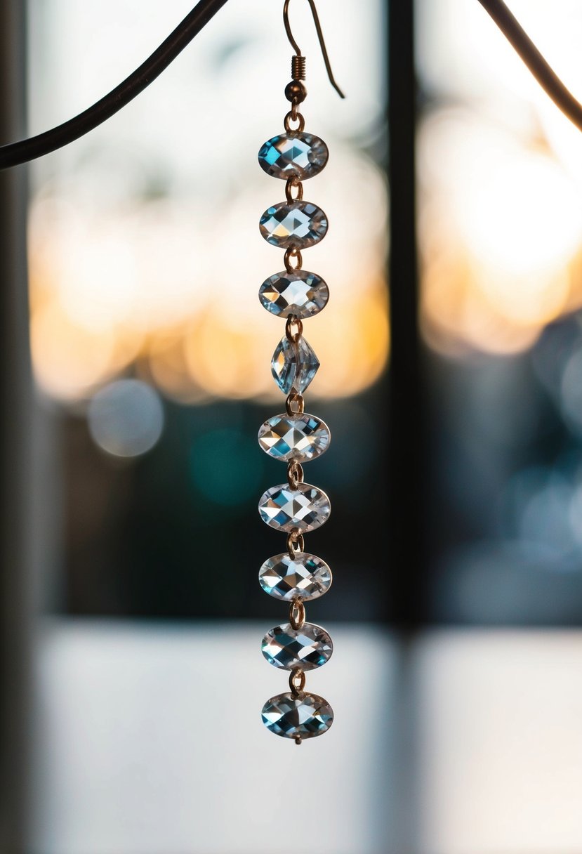 Crystal earrings dangle from a cascading stack, catching the light and sparkling with elegance