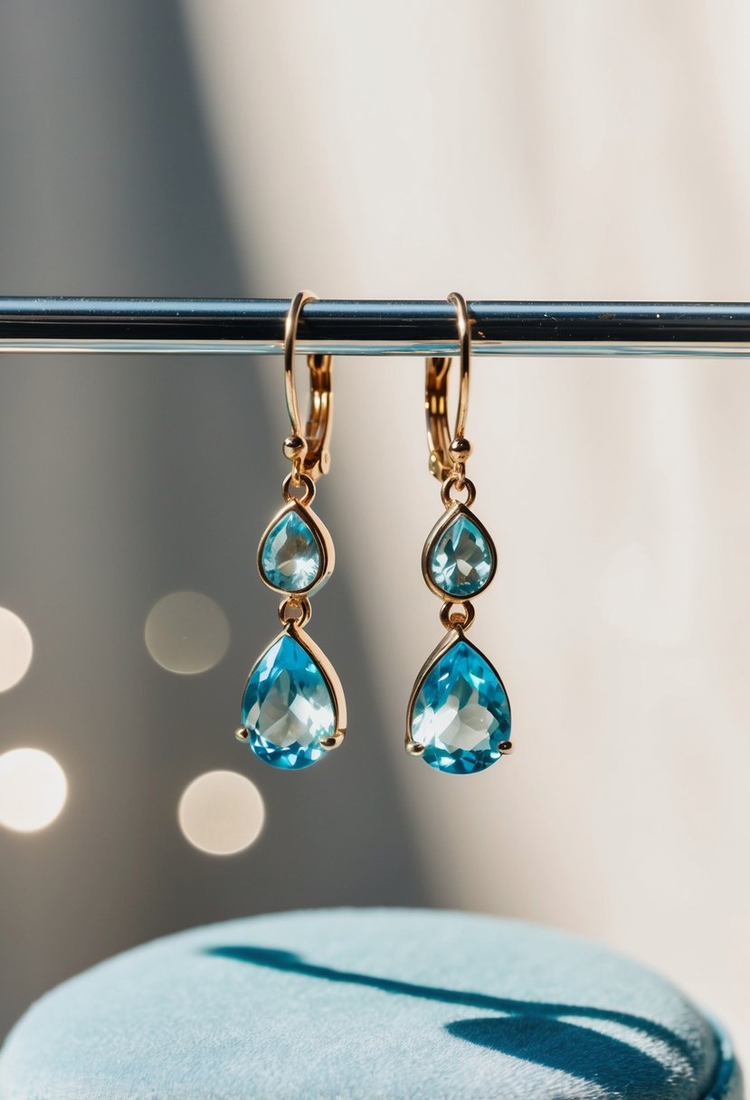 A pair of 14K gold earrings with light blue aquamarine drops, sparkling in the sunlight, displayed on a velvet cushion