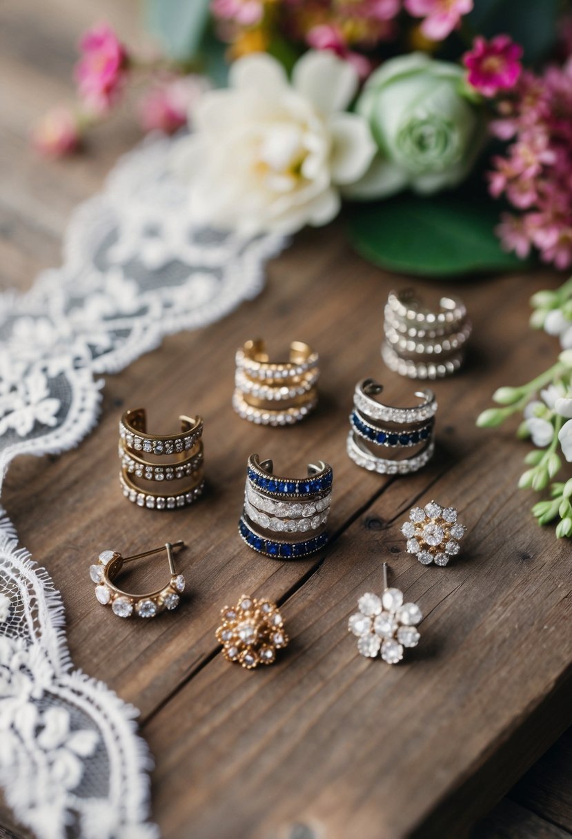 A rustic wooden table adorned with a variety of vintage-inspired stud stack wedding earrings, surrounded by delicate lace and floral accents