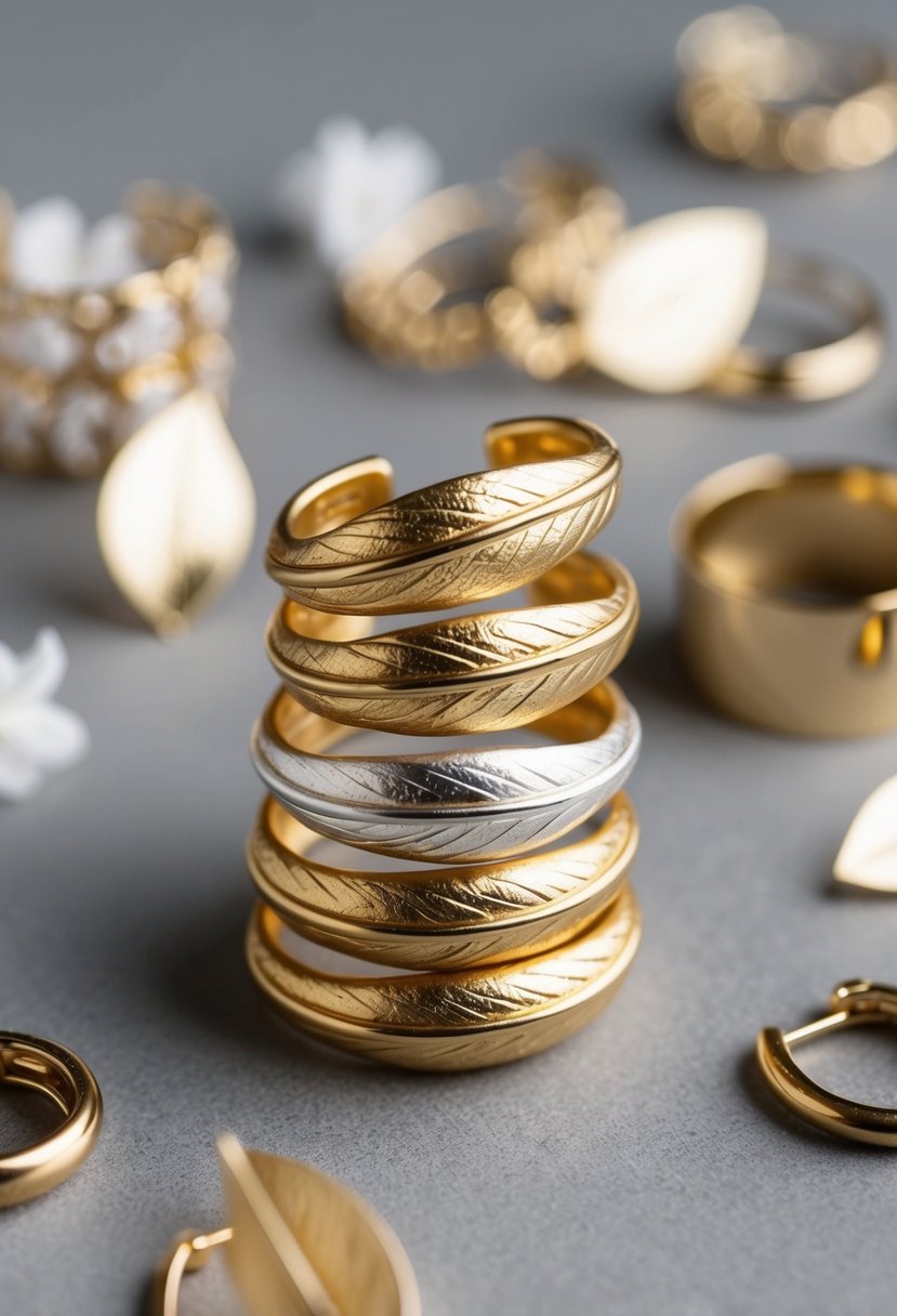 A pair of delicate gold leaf ear climbers arranged in a stack, with other wedding earring ideas spread out around them