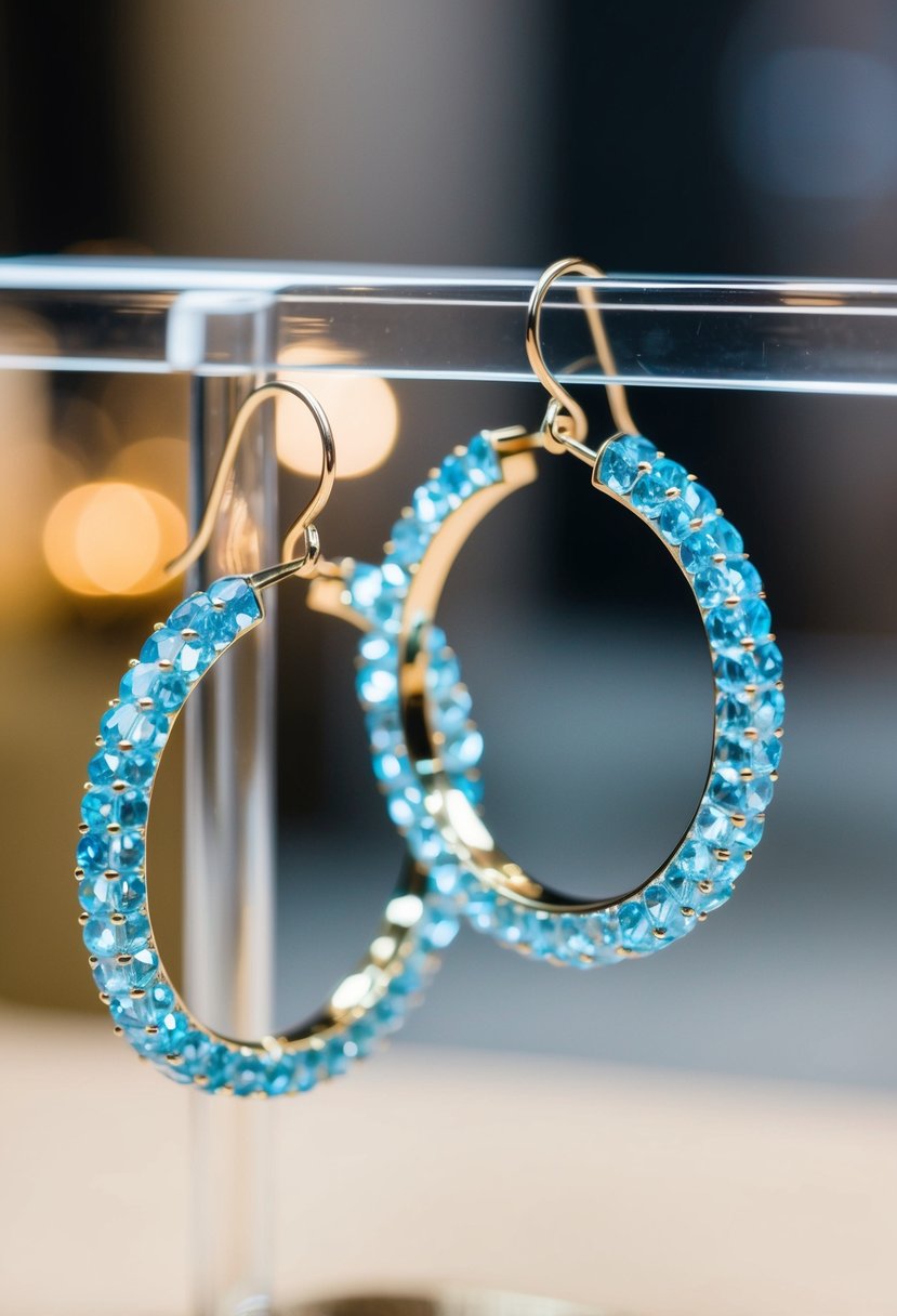 Two light blue gemstone hoops hang from a display, catching the light with their delicate, shimmering beauty