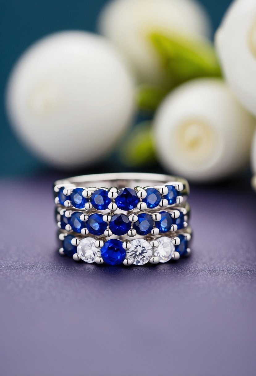 A pair of delicate huggie earrings adorned with sapphire and diamond stones, stacked together for a wedding