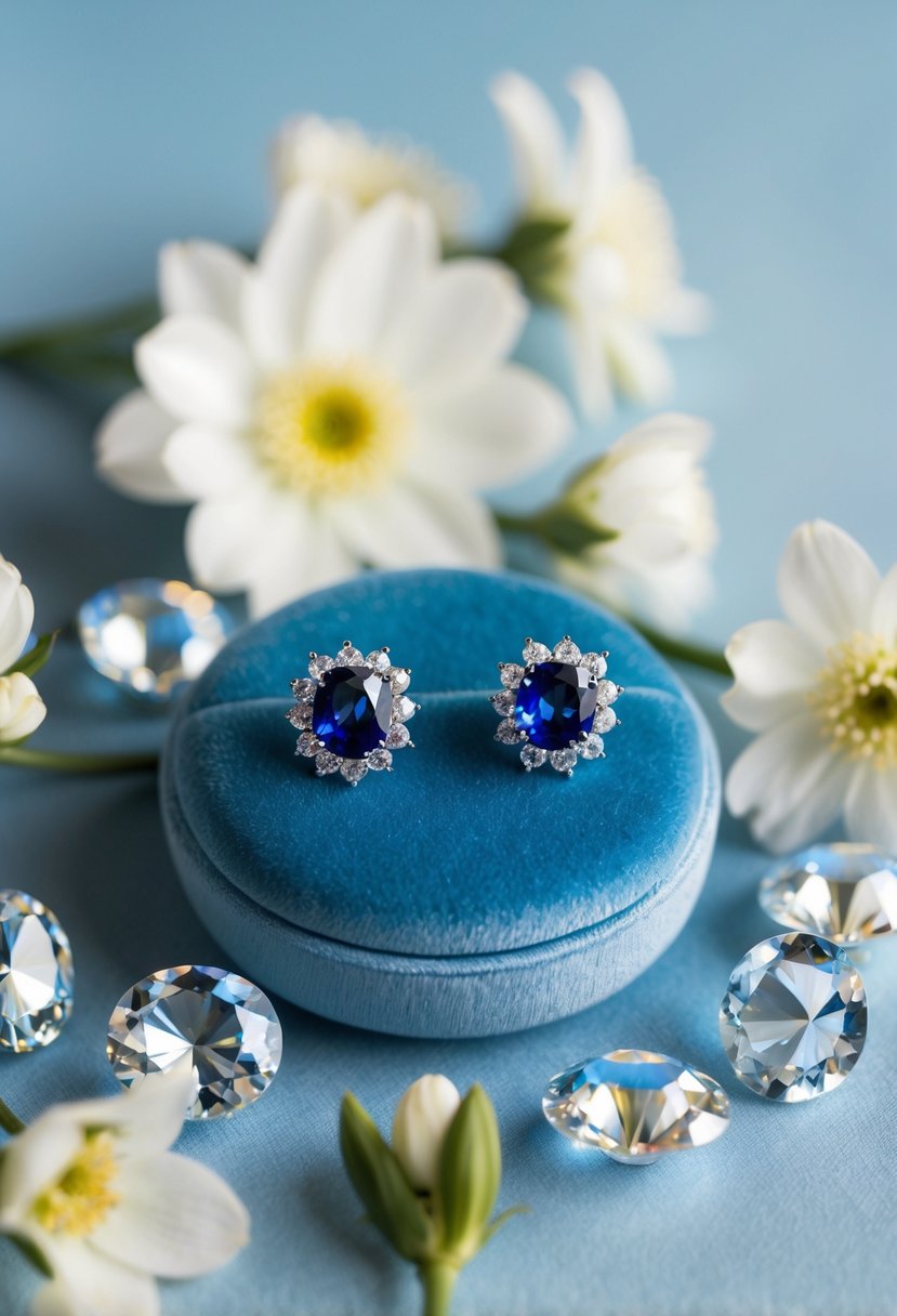 Two elegant custom blue sapphire studs rest on a soft blue velvet cushion, surrounded by delicate white flowers and sparkling crystal accents