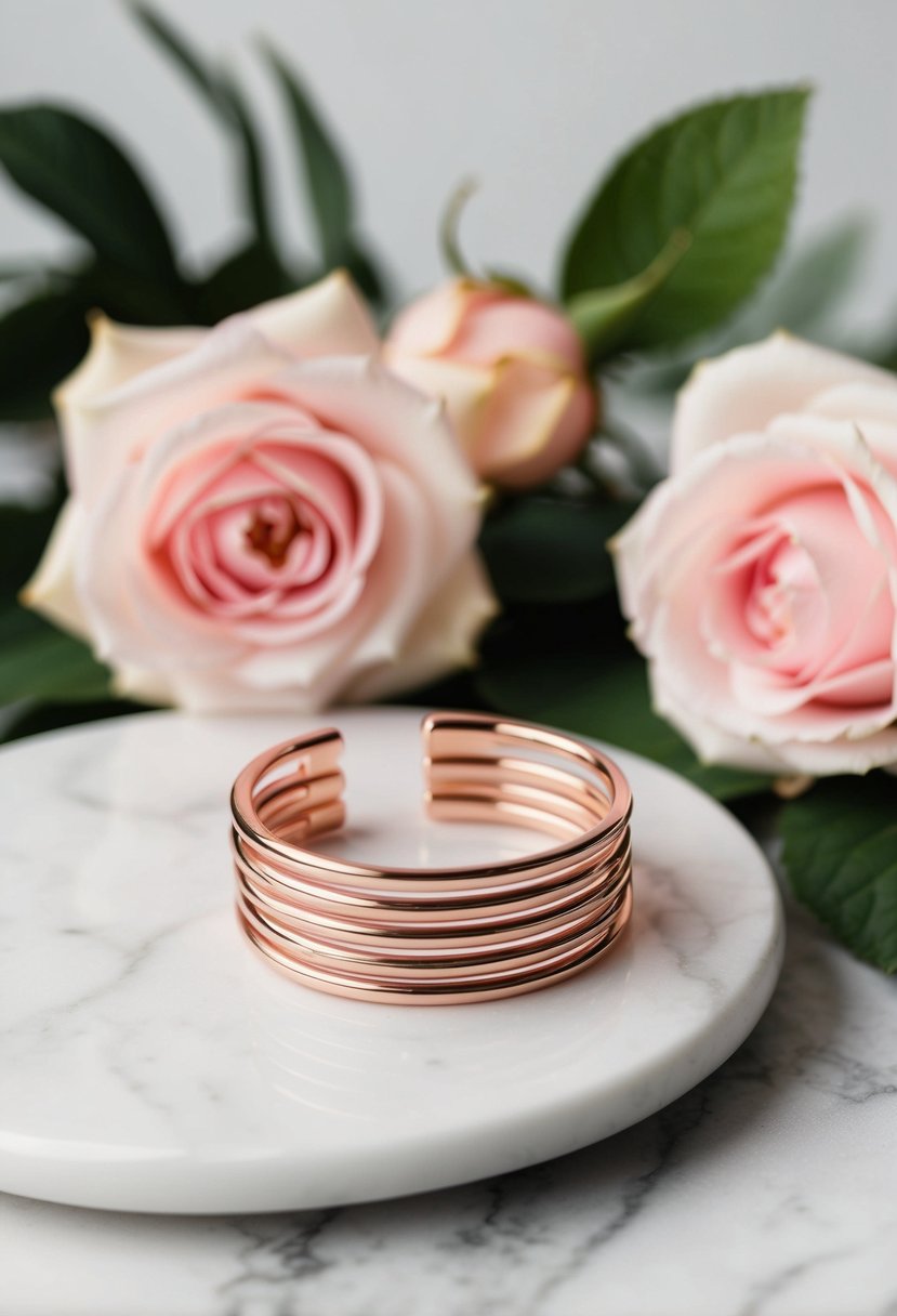 A display of delicate rose gold ear cuffs stacked on a white marble surface, with soft pink roses and greenery in the background