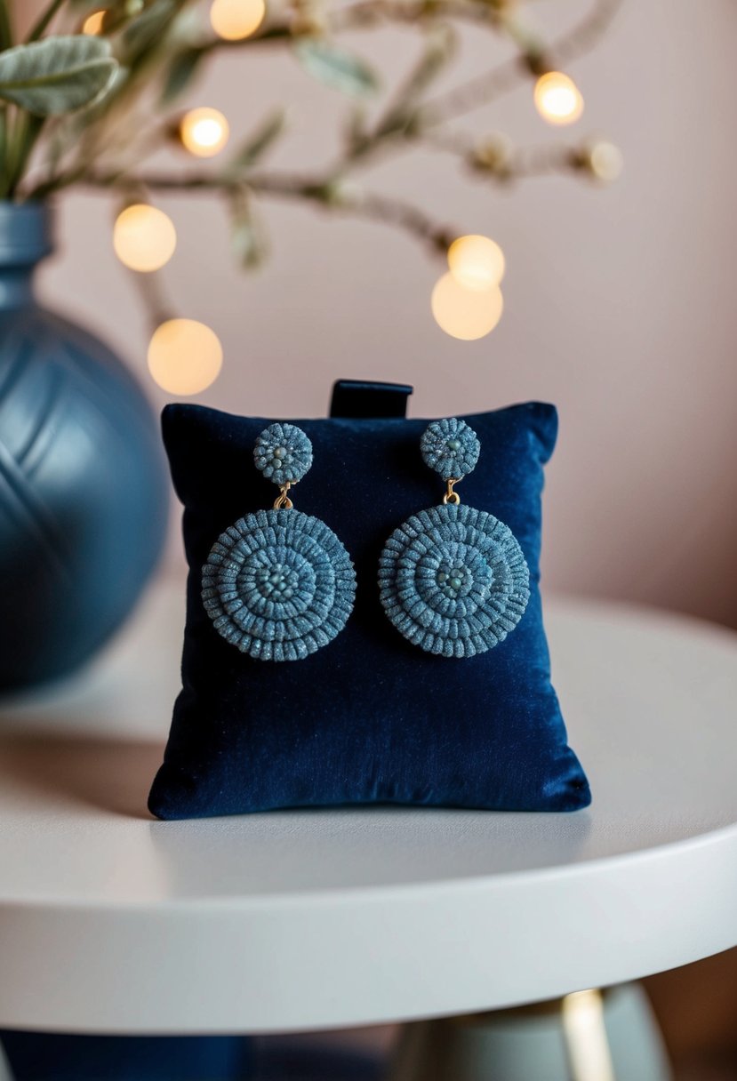 Dusty blue earrings displayed on a velvet cushion with soft lighting