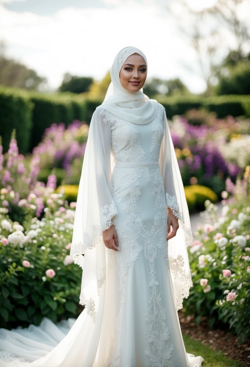 A bride wearing a flowing hijab wedding dress, adorned with delicate lace and intricate embroidery, standing in a garden filled with blooming flowers