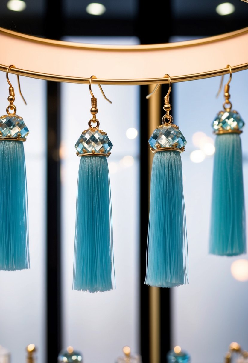 A pair of light blue crystal tassel earrings hanging from a display, with soft lighting highlighting their delicate details