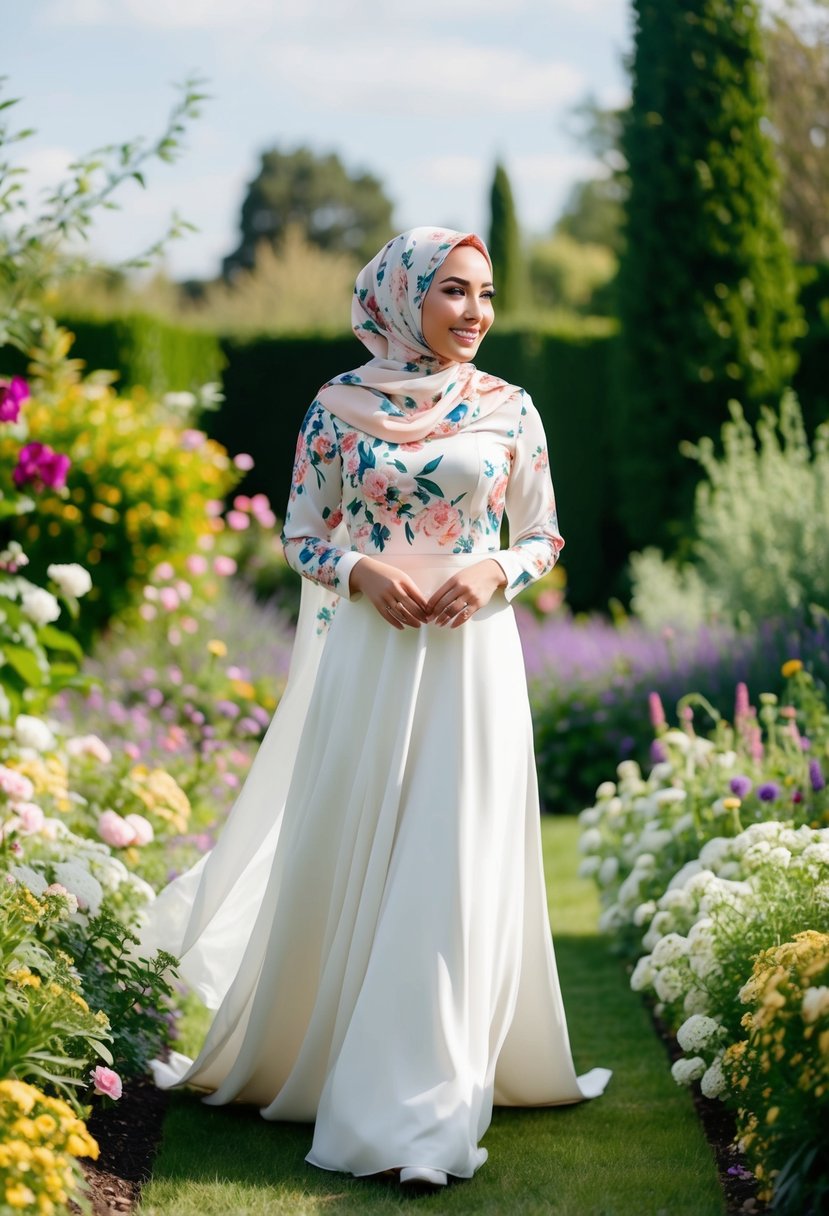 A bride wearing a silk floral hijab stands in a garden, surrounded by blooming flowers and lush greenery, her dress flowing elegantly in the breeze