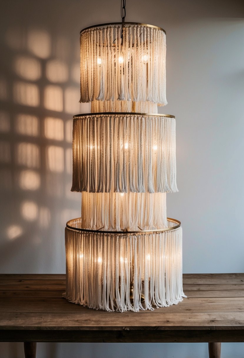 A collection of boho fringe chandeliers stacked on a rustic wooden table, with soft lighting casting delicate shadows