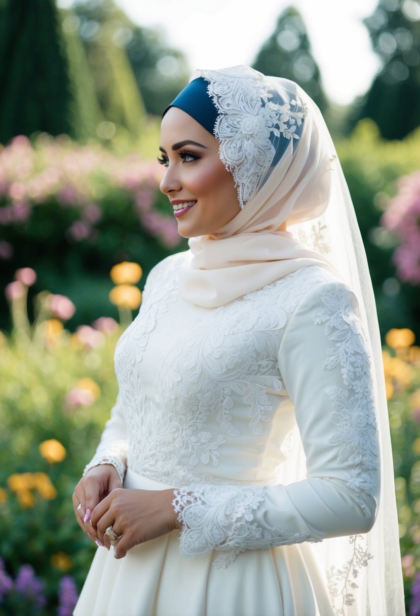 A bride wearing an embroidered lace hijab, standing in a garden with flowers in the background