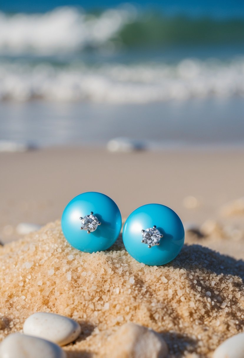 A pair of light blue ocean-colored bridal earrings resting on a bed of sand with gentle waves in the background