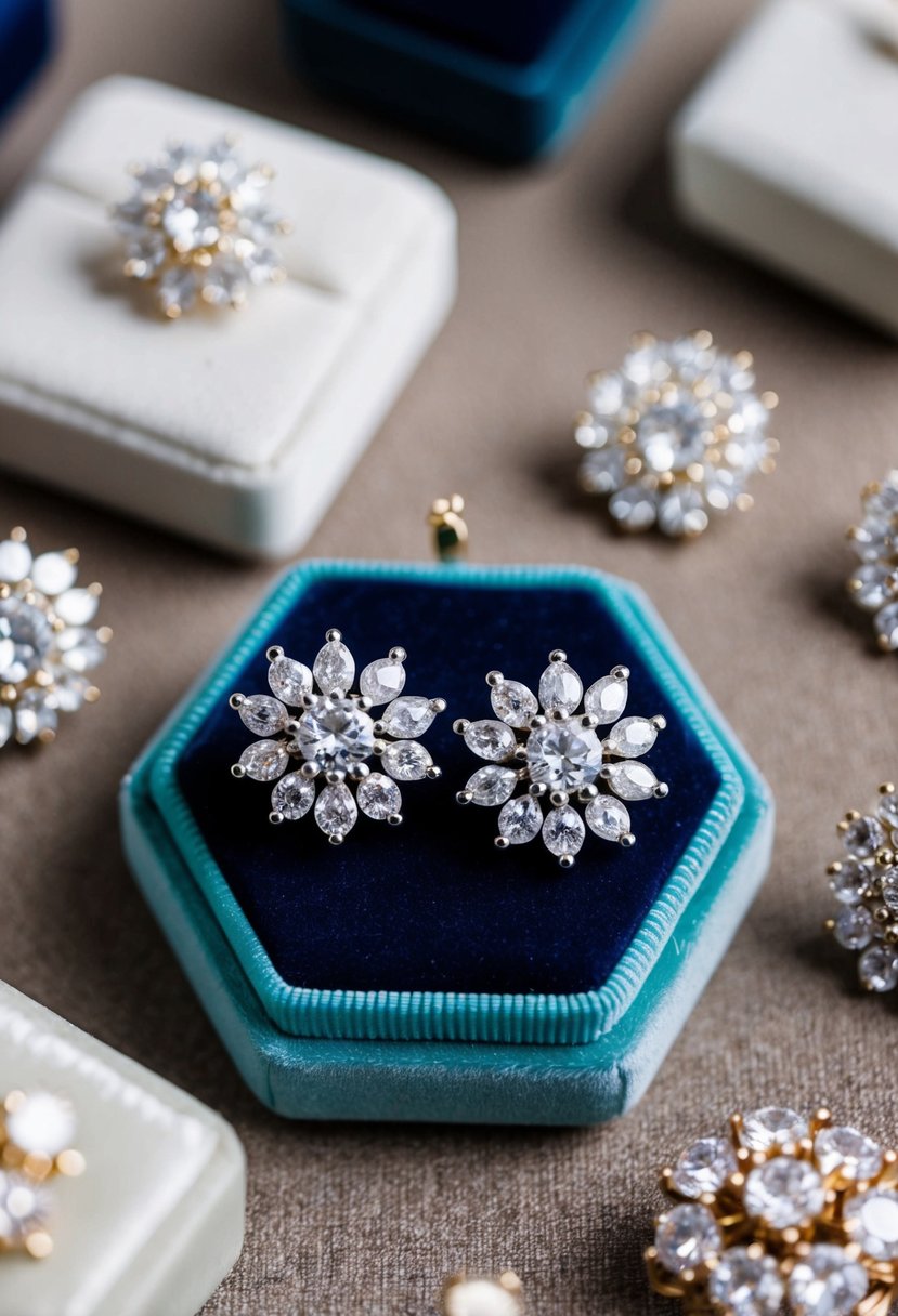 A pair of clustered gem ear jackets displayed on a velvet cushion, surrounded by other wedding earring ideas