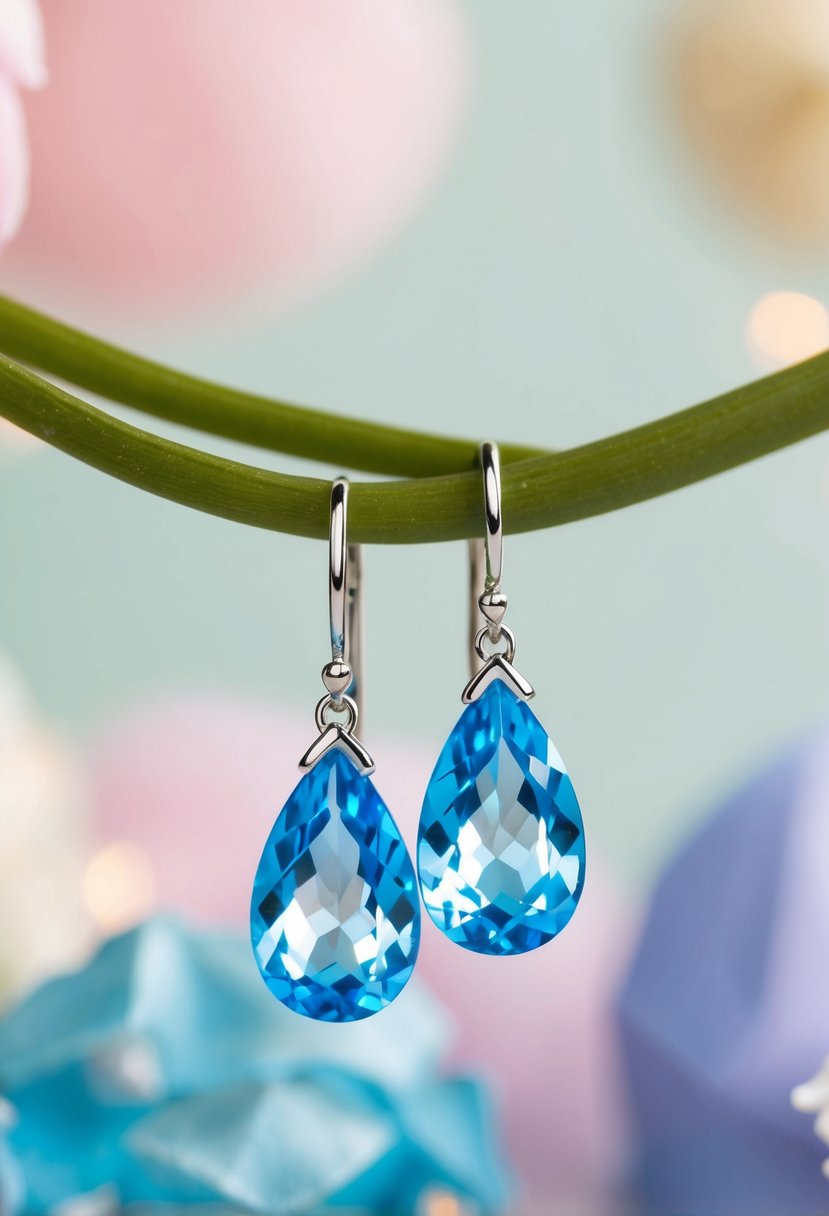 A delicate pair of teardrop-shaped blue topaz earrings, catching the light against a backdrop of soft, pastel wedding colors