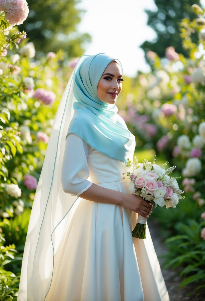 A bride in a flowing chiffon silk hijab, standing in a garden filled with blooming flowers and soft sunlight