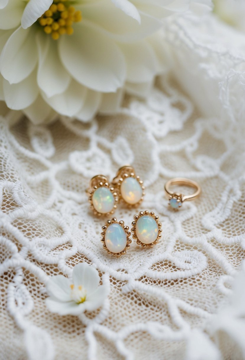 Delicate opal threader earrings arranged on a white lace fabric with small wedding ring and flower accents