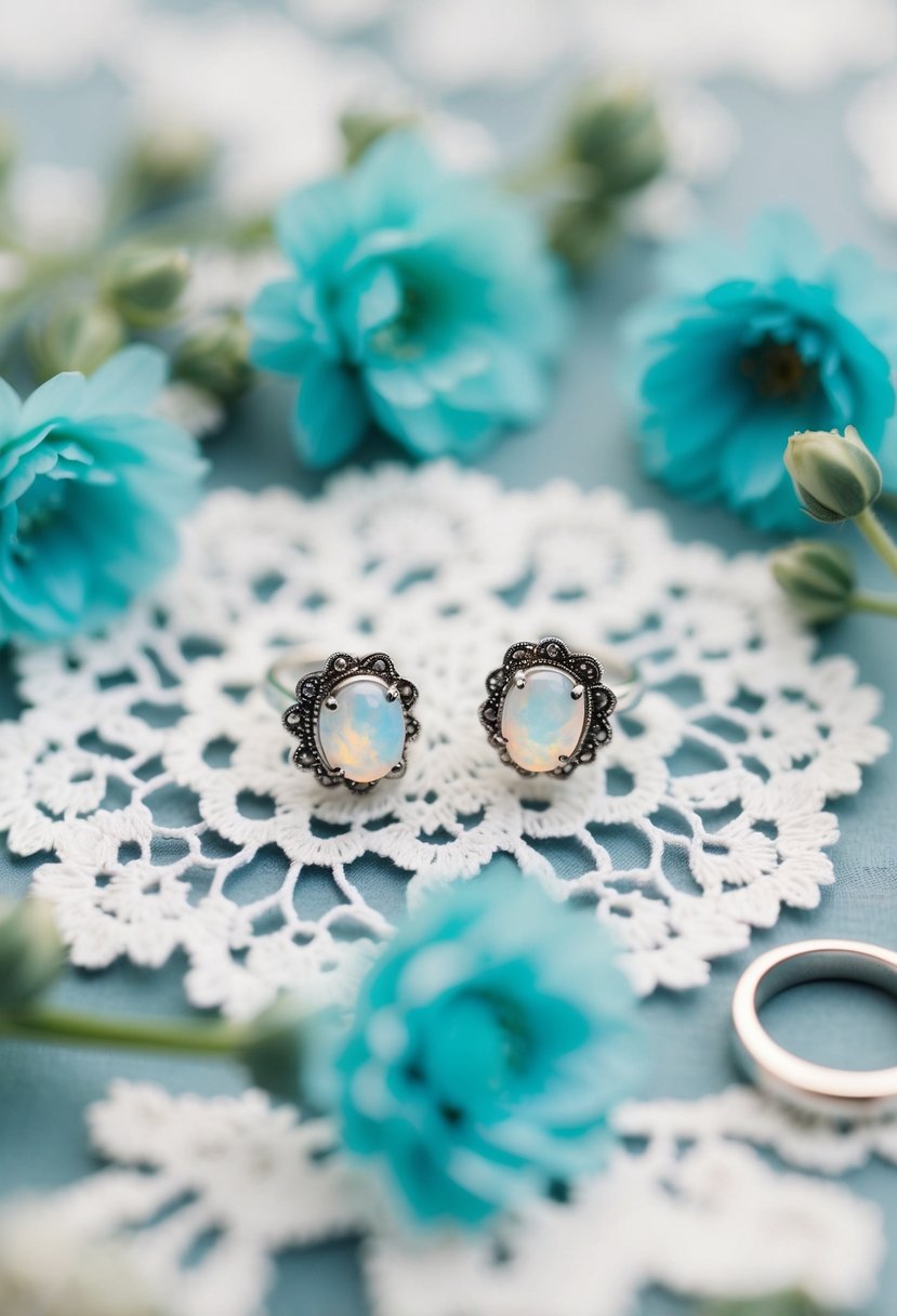 Two delicate opal studs on a white lace background, surrounded by soft blue flowers and a silver ring