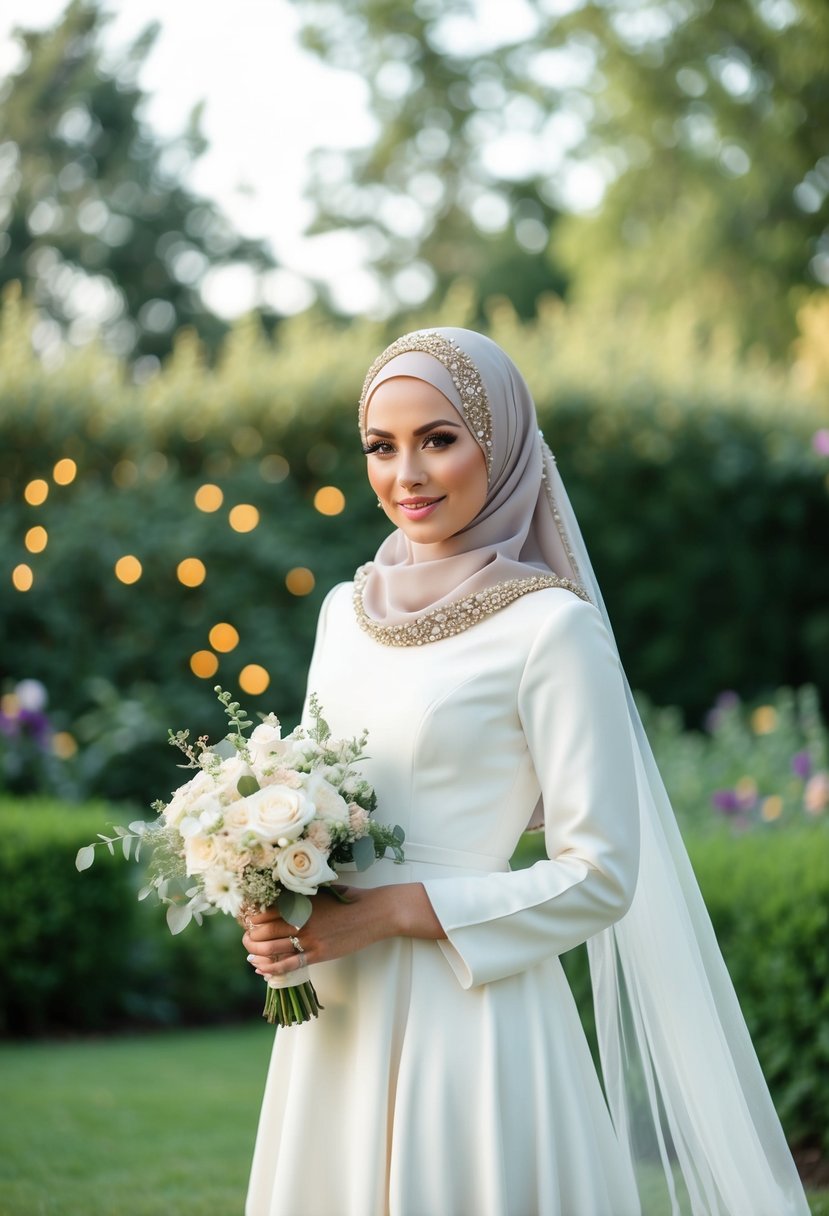 A bride in a beaded edge hijab, standing in a garden, with a flowing wedding dress